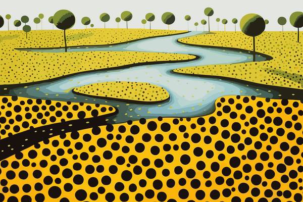 Abstrakte Landschaft mit Fluss, Bäumen und wiesen. Abstrakte Kreise auf gelber Wiese. Traumhafte, ve à Miro May