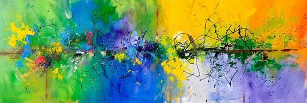 Abstrakte Malerei mit leuchtenden Farben, Grün, Blau, Gelb, Lila, Linien und Spritzern, die eine ene à Miro May