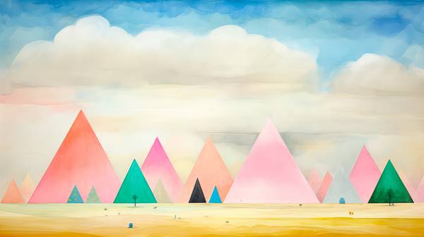 Aquarelle mit bunten Pyramiden und Wolkenlandschaften, minimalistisch. Digital AI Art. à Miro May