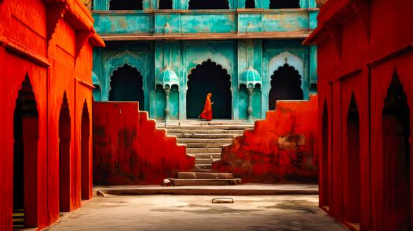 Architektur in Indien. Eine Frau in rot, Rote Arkaden, Tempel und Treppe. à Miro May