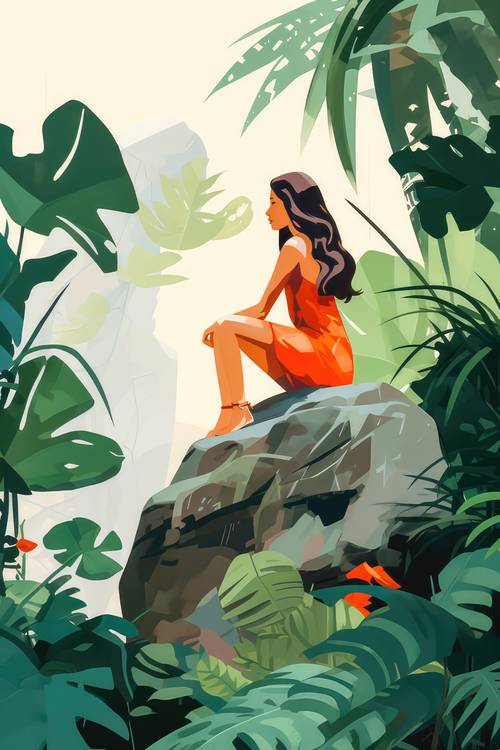 Auf einem malerischen Felsen mitten im Regenwald thront eine Frau, gehüllt in ein lebendiges rotes K à Miro May