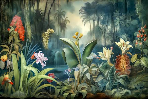 Blumen im Regenwald, Tropischer Wald, bunte Blumen und Pflanzen, Landschaft, Traumhafte Natur à Miro May