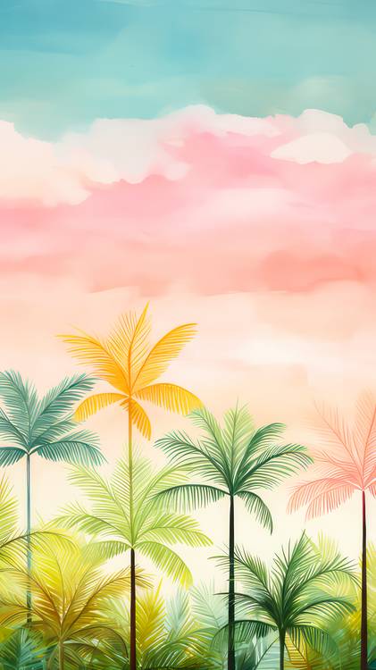 Bunte Aquarelle mit tropischer Landschaft, Palmen und Wolken. à Miro May