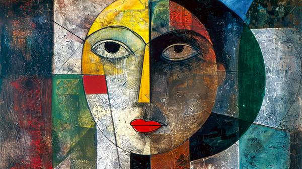 Das Gemälde präsentiert ein abstraktes Porträt einer Frau, das den Stil des Kubismus mit großen Auge à Miro May