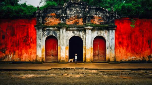 Ein Junge mit einem Hund vor einem Tempel in Vietnam. Farben und Architektur Asiens à Miro May