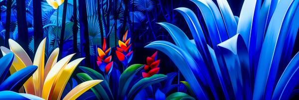 Ein leuchtend blauer Dschungel mit exotischen Pflanzen und tropischen Blumen à Miro May