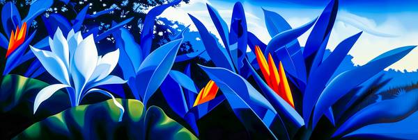 Ein leuchtend blauer Dschungel mit exotischen Pflanzen und tropischer Blume in weiß . Der Hintergrun à Miro May