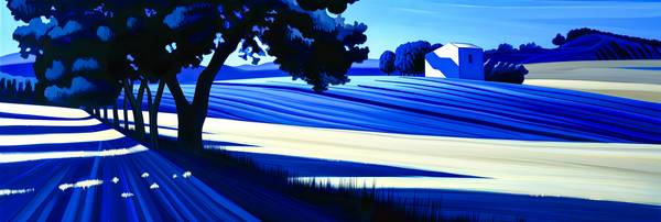 Eine abstrakte Darstellung in kühnen Blau- und Weißtönen. In dieser Landschaftskomposition verschmel à Miro May
