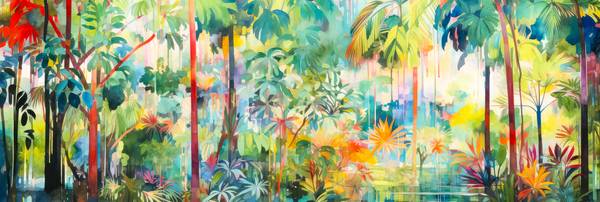 Eine tropische Kulisse entfaltet sich, geprägt von lebendigen Palmen und Bäumen, in einem digitalen  à Miro May
