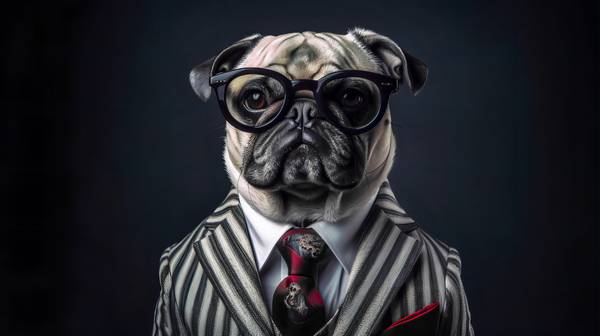 Mops mit Anzug, Krawatte und Sonnenbrille auf dunklem Hintergrund. Haustiere, Hund, Portrait, Hundep à Miro May