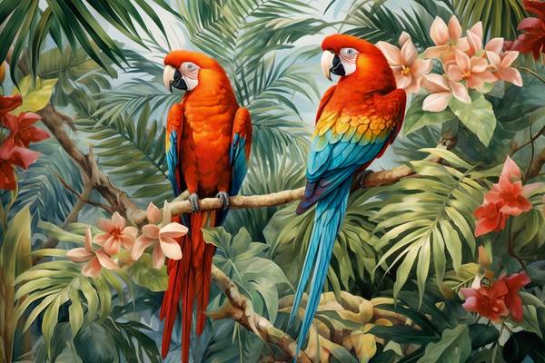 Papageien im Wald, Tropischer Regenwald, Vögel in Natur, Jungle mit Pflanzen und Vögeln à Miro May
