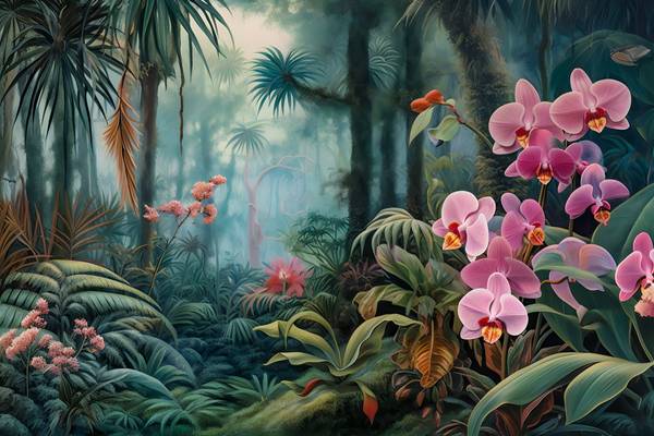 Pinke Orchideen, Tropischer Regenwald, Blumen im Regenwald, Jungle, Traumhafte Natur à Miro May