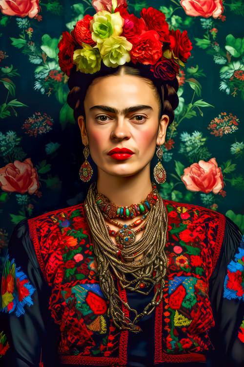 Porträt von Frida Kahlo in einem bunten Kleid  à Miro May