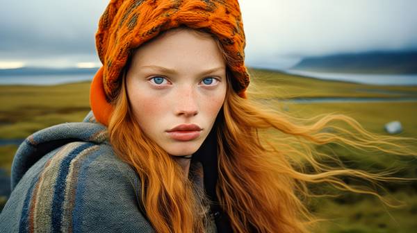 Portrait einer wunderschönen Frau in Island. Rothaarige Frau und die Landschaft à Miro May