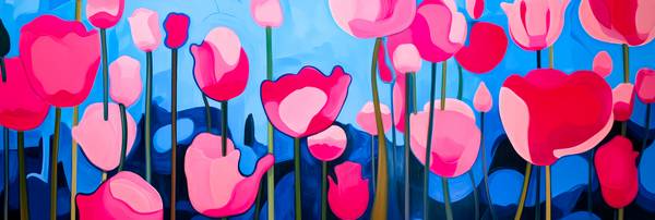Rote und pinke Tulpen erheben sich vor einem lebendigen blauen Hintergrund in einer abstrakten und s à Miro May