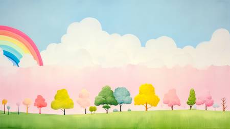 Aquarelle Landschaft mit Regenbogen und Wolkenlandschaften, minimalistisch. Digital AI Art.