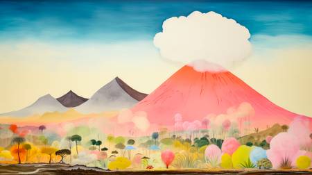 Aquarelle mit bunten Vulkan und Wolkenlandschaften, minimalistisch. Digital AI Art.