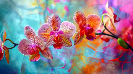 Bunte Orchideen auf blau rosa Hintergrund