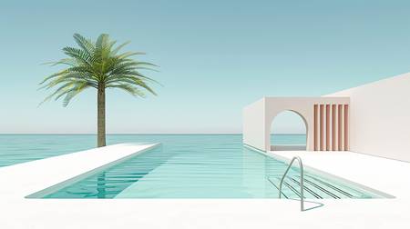 Ein weißes Swimmingpool mit Palme und Strandhaus. Sommertag am Meer 