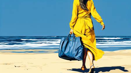 Eine Frau in gelben Mantel und blauer Tasche geht durch Strand an einem sonnigen Tag