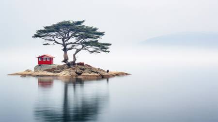 Eine Insel im See mit einem roten Haus und einem Baum in japanischen Look