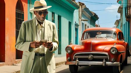 Gentleman und sein Oldtimer in Havana, Cuba, Bunte Strasse in der Altstadt