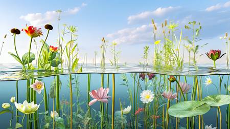 Pflanzen und Blumen, die im und über dem Wasser wachsen