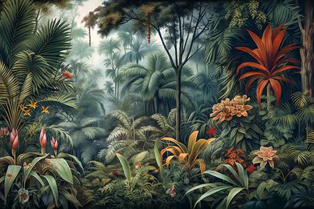 Tropischer Regenwald mit bunten Pflanzen und grünen Bäumen, Natur im Jungle