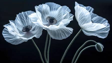 Weiss Blaue Mohnblumen auf schwarzem Hintergrund