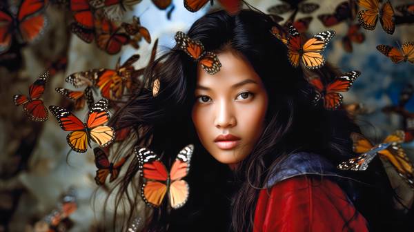 Tibetanisches Mädchen und Schmetterlinge. Menschen und Träume.   à Miro May