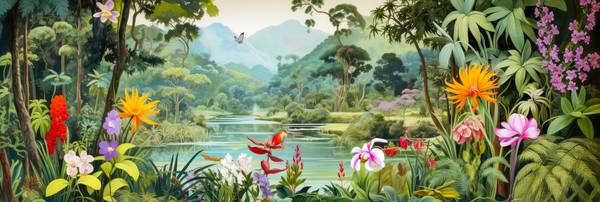 Tropische Blumen und Pflanzen umgeben einen ruhig fließenden Fluss, während majestätische Berge am H à Miro May