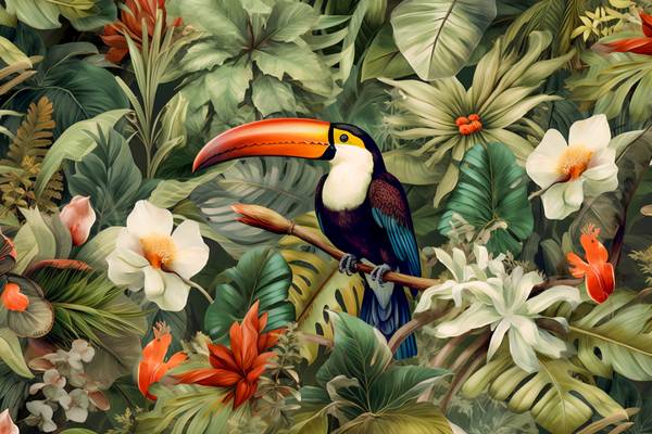 Tukan im Regenwald, Tropischer Regenwald, Tropische Pflanzen, exotische Blumen à Miro May