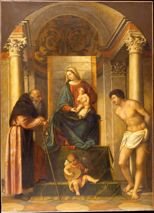Virgin and Child Enthroned with Saints Anthony Abbot and Sebastian à Moretto da Brescia