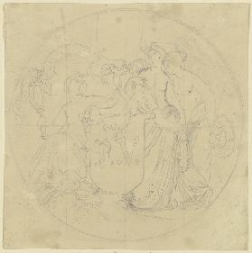 Drei allegorische Frauengestalten umgeben einen Wappenschild mit den Initialen des Künstlerkollegen 