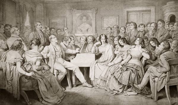 An Evening at Baron von Spaun's: Schubert at the piano among his friends à Moritz von Schwind