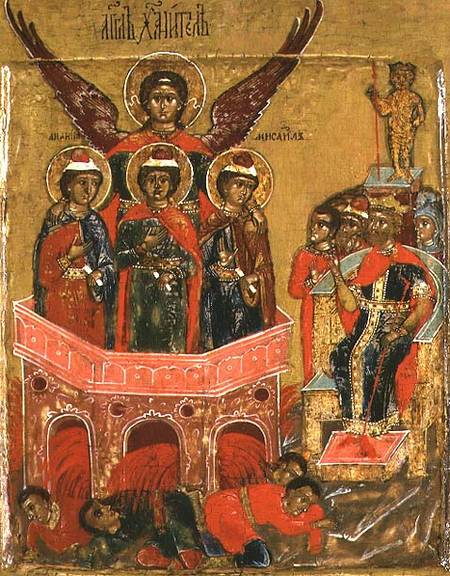 Russian icon depicting Shadrach, Meshach and Abednego in the Fiery Furnace à École de Moscou