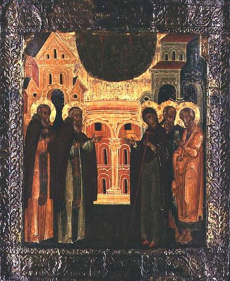 Russian icon of the Miraculous Appearance of the Virgin and the Apostles Peter and Paul to Sergius o à École de Moscou