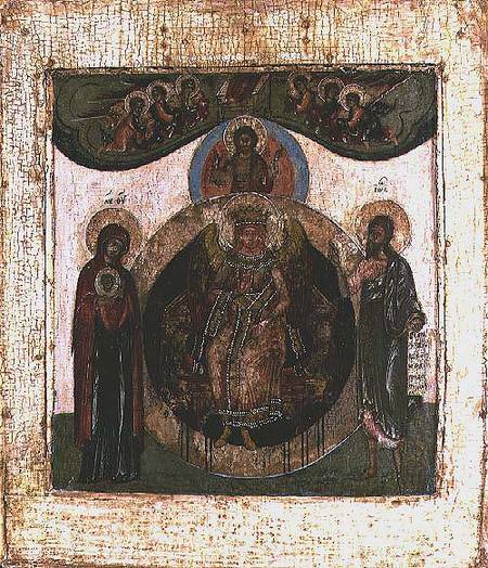 Russian icon of Sophia, The Holy Wisdom, enthroned in the form of a fiery winged angel à École de Moscou