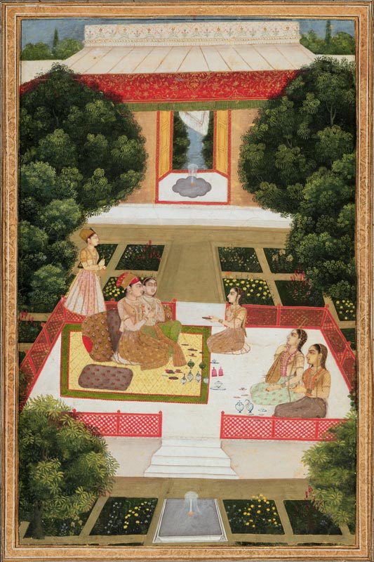 A couple in a garden listening to music with female attendants, from the Small Clive Album à École moghole