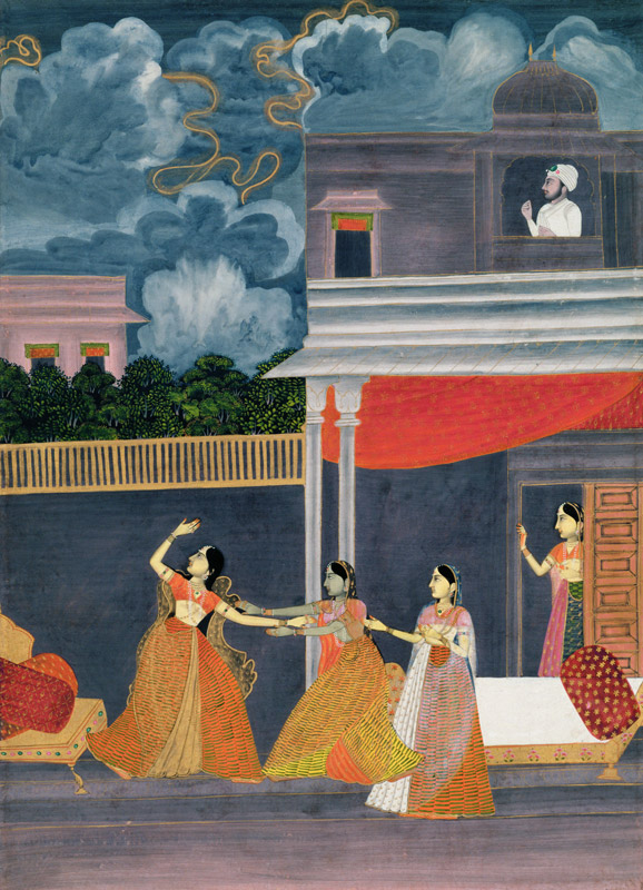 A lady brought in from a storm at night: illustration from the musical mode Madhu Madhavi à École moghole