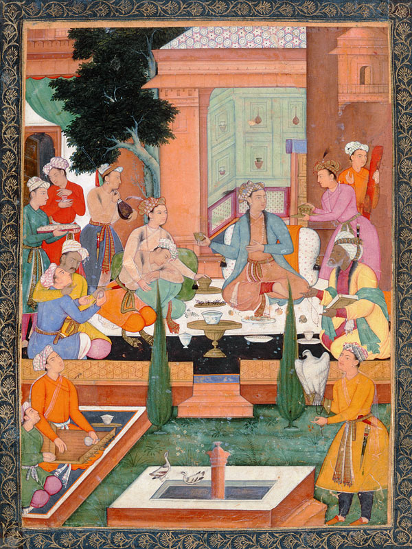 A prince and companions take refreshments and listen to music, from the Small Clive Album à École moghole