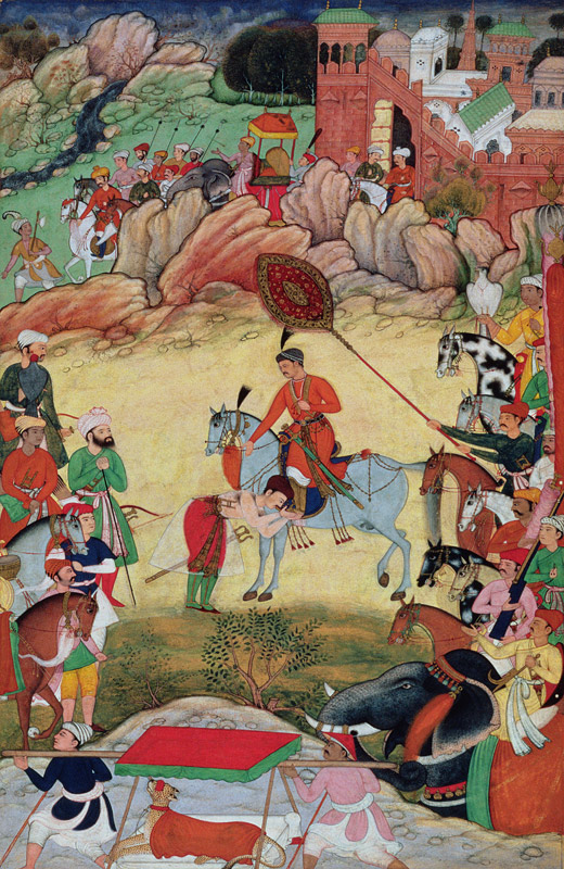 Adham Khan paying homage to Akbar at Sarangpur, Central India, in 1560 or 1561, from the 'Akbarnama' à École moghole