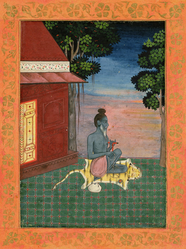 Aged ascetic seated on a tiger skin outside a building, from the Large Clive Album à École moghole