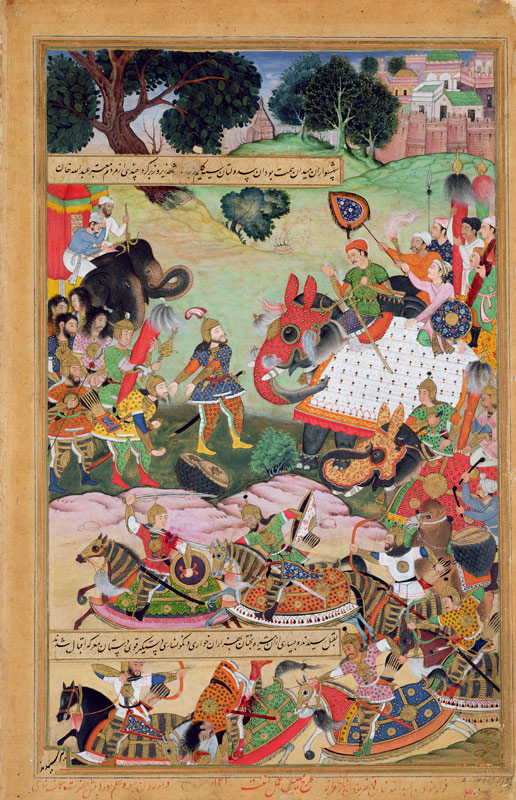 Akbar receiving the drums and standards captured from Abdullah Uzbeg, Governor of Malwa, in 1564 à École moghole