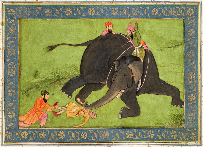 Attendants rescue a fallen man from an enraged elephant, from the Large Clive Album à École moghole