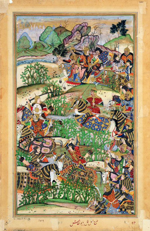 Emperor Akbar (r.1556-1605) at the battle of Samal in 1572, from the 'Akbarnama' made by Abu'l Fazi à École moghole