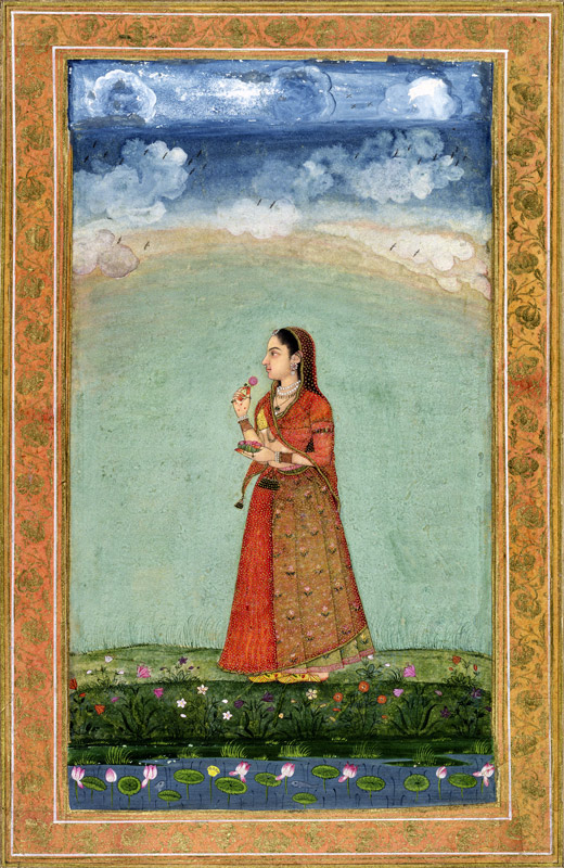 Lady holding a bowl of roses, from the Small Clive Album à École moghole