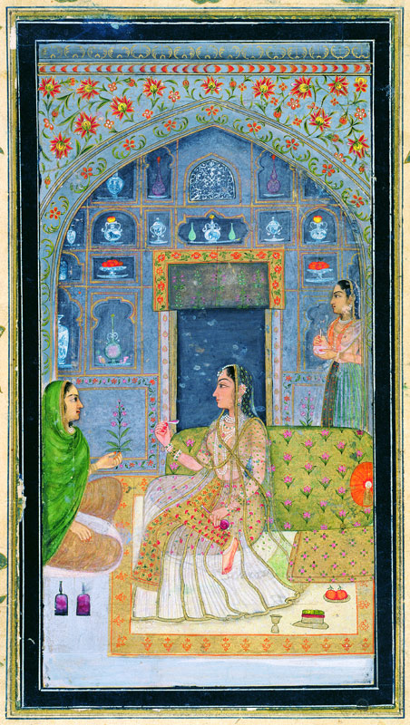 Lady seated in a Pavilion with attendants, from the Small Clive Album à École moghole