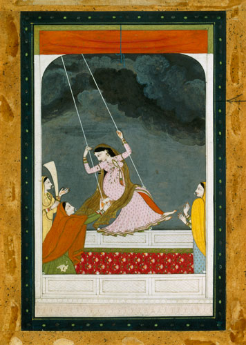 A lady on a swing, Kangra Punjab hills à École moghole