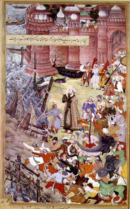 A Bridge of boats broken by Akbar (r.1556-1605) on his elephant while crossing the river Jumna, from à École moghole
